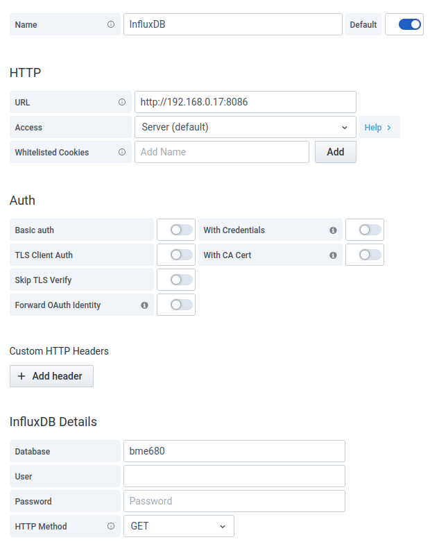 A screenshot of the setting that need to be set for the Influx data source, specifically the URL should be configured to be 192.168.0.17:8086, and the database name needs to be set to bme680